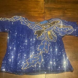 Vintage 80s Jean for Joseph Le Bon Sequin Silk Formal Top Royal Blue & Gold XL
